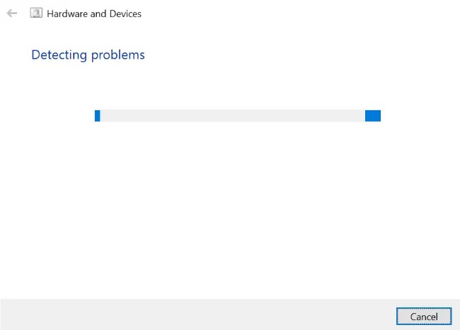 The &ldquo;Hardware and Devices&rdquo; troubleshooter finding issues.