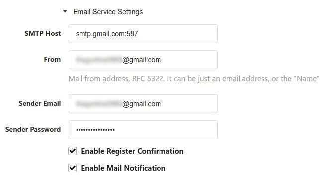The &ldquo;Email Service Settings&rdquo; portion of the Gogs configuration screen