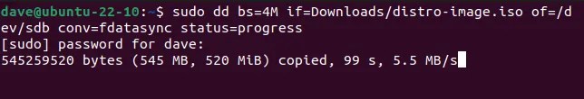 The dd progress display as it writes an image to a USB memory stick