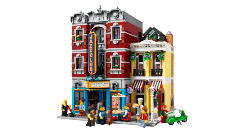 A LEGO model of a jazz club sits on a white background.