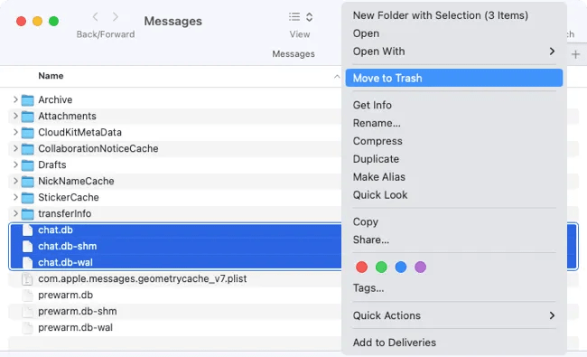 Move messages files to the trash