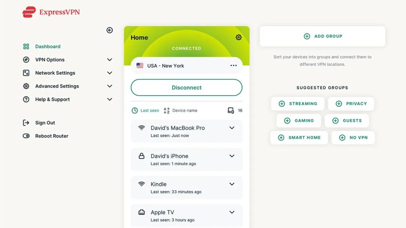 App layout showing different features of ExpressVPN
