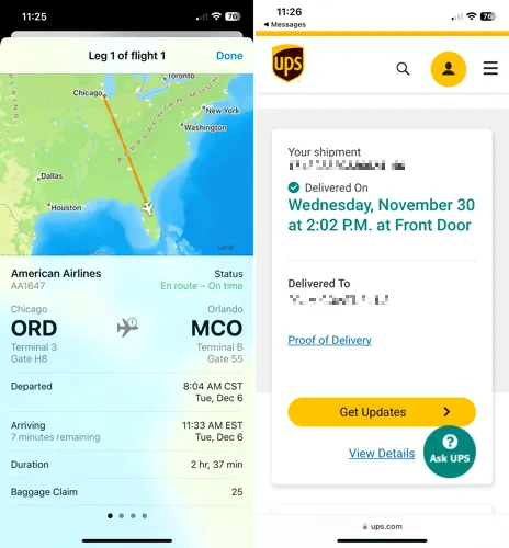 Flight and package status in Messages