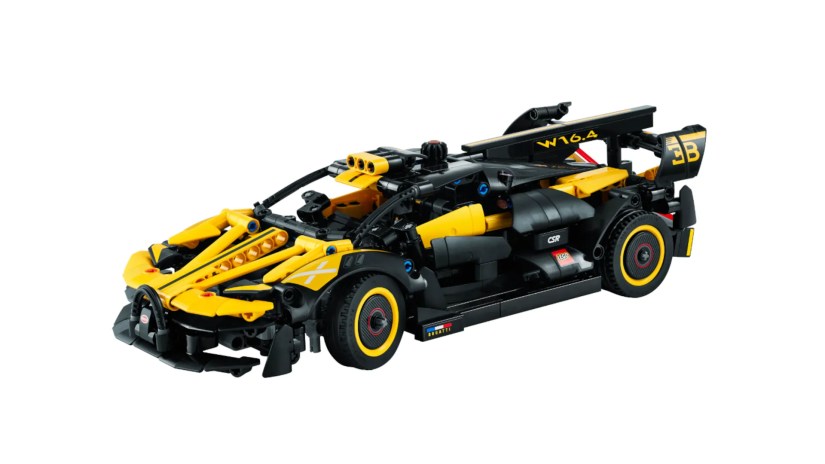 A LEGO Bugatti model sits on a white background.