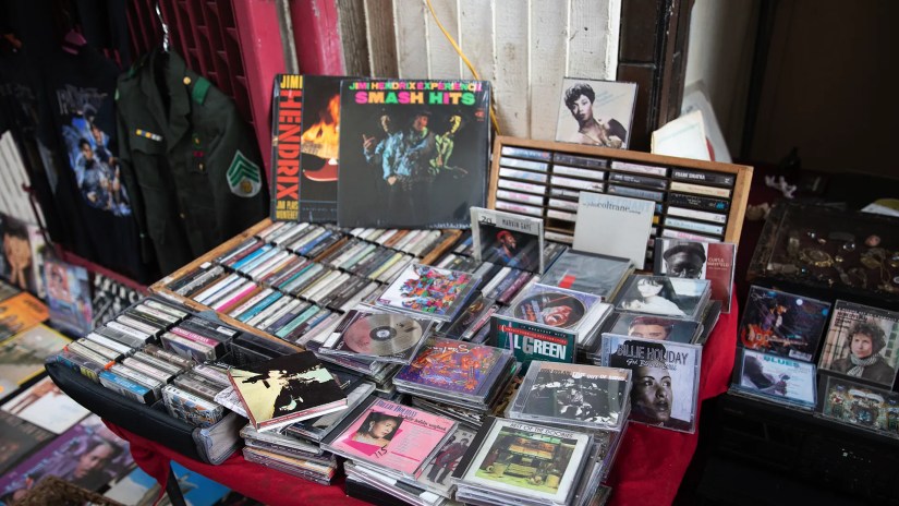An open-air market selling vinyls and CDs in LA.