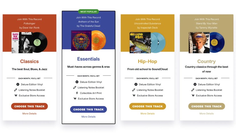 A screenshot of the Vinyl Me, Please subscription options.