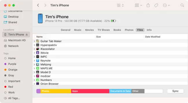 Finder file transfer interface for iPhone