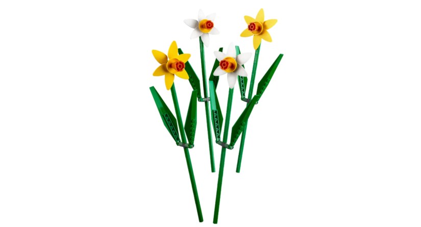 A LEGO daffodils sit on a white background.