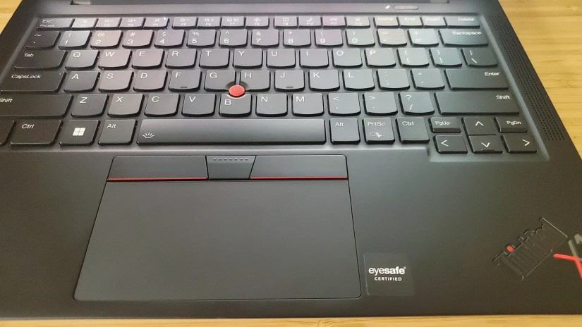 The Lenovo ThinkPad X1 Carbon laptop&rsquo;s trackpad and keyboard.