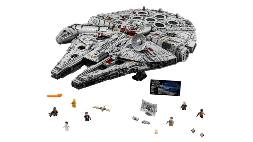 A LEGO model of the Millennium Falcon sits against a white background.