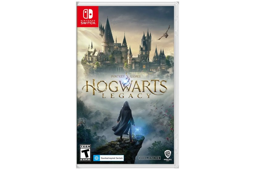 The box art for the game shows a hooded figure on the edge of a cliff and looking at the Hogwarts School through thick fog