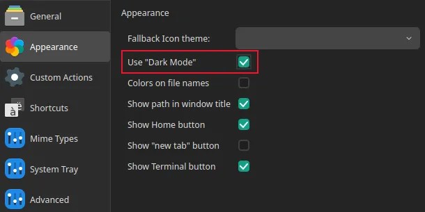 QtFM&rsquo;s dark mode check box