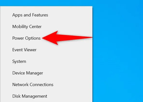 Select &ldquo;Power Options&rdquo; in the menu.