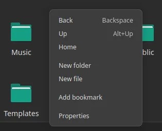 The context menu that appears when you right-click the background of the main pane in QtFM