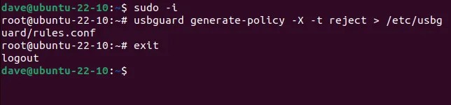 Creating a base USBGuard policy with a root terminal session