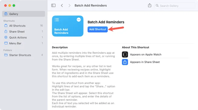 Add Shortcut in the Shortcuts app on Mac