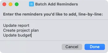 Item list in the Batch Add Reminders Shortcut