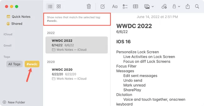 Tagged notes in Notes on Mac