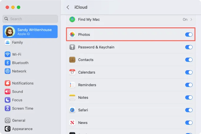 Mac iCloud Photos toggle On