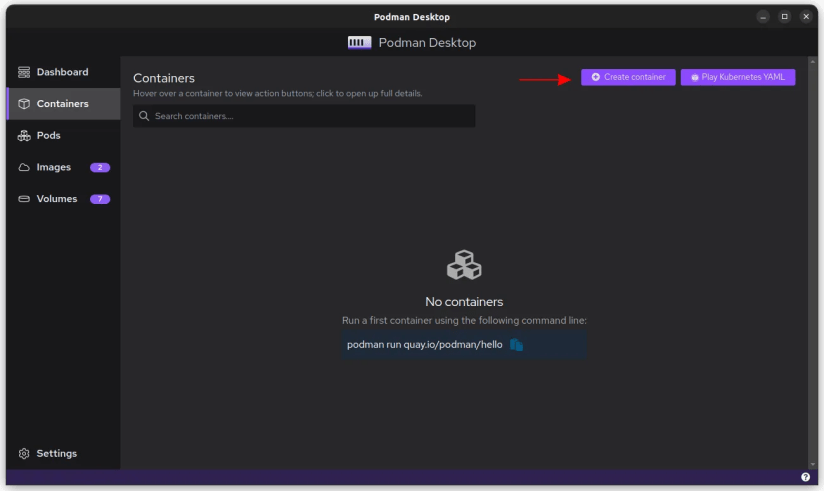 Screenshot of the Podman Desktop containers screen in its empty state