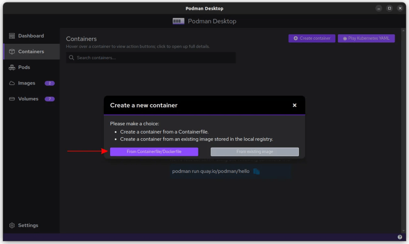 Screenshot of creating a container in Podman Desktop