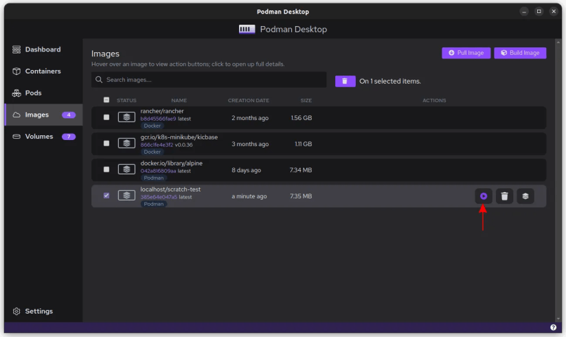 Screenshot of images in Podman Desktop