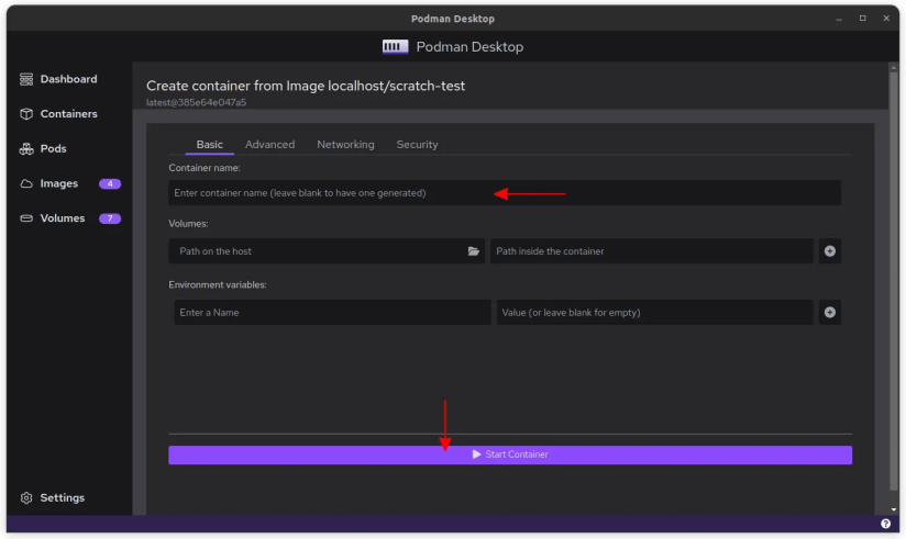 Screenshot of creating an image in Podman Desktop
