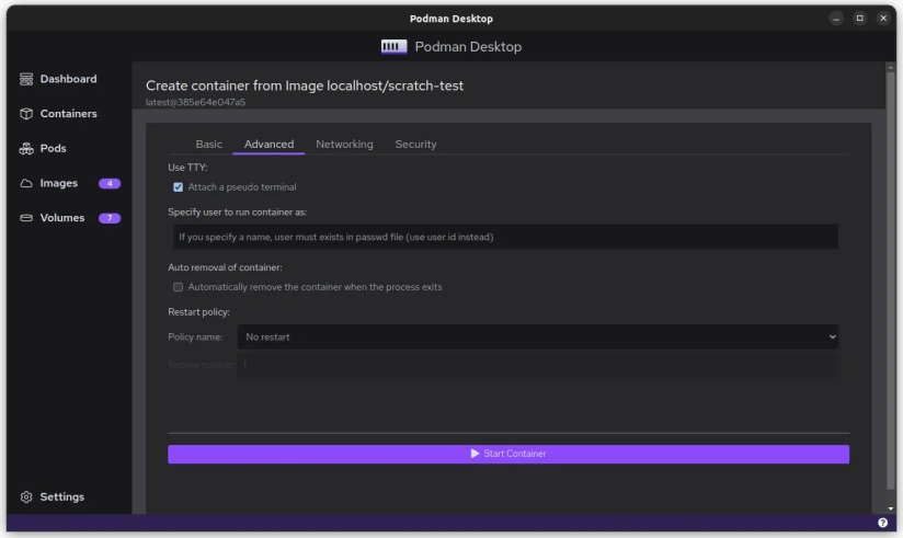 Screenshot of creating an image in Podman Desktop