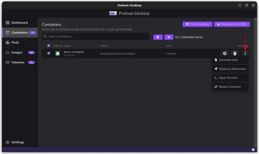 Screenshot of viewing a container&rsquo;s menu in Podman Desktop