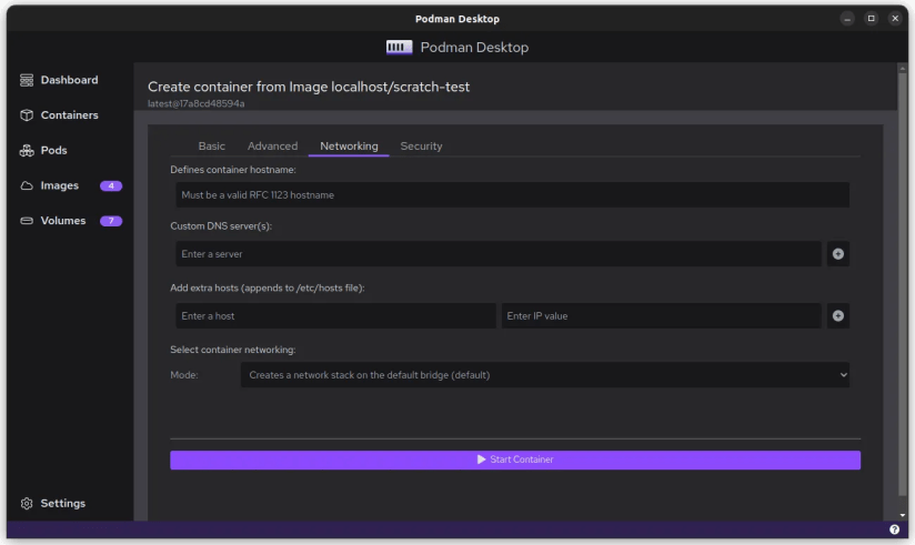 Screenshot of networking settings when creating a container in Podman Desktop