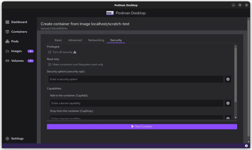Screenshot of security settings when creating a container in Podman Desktop