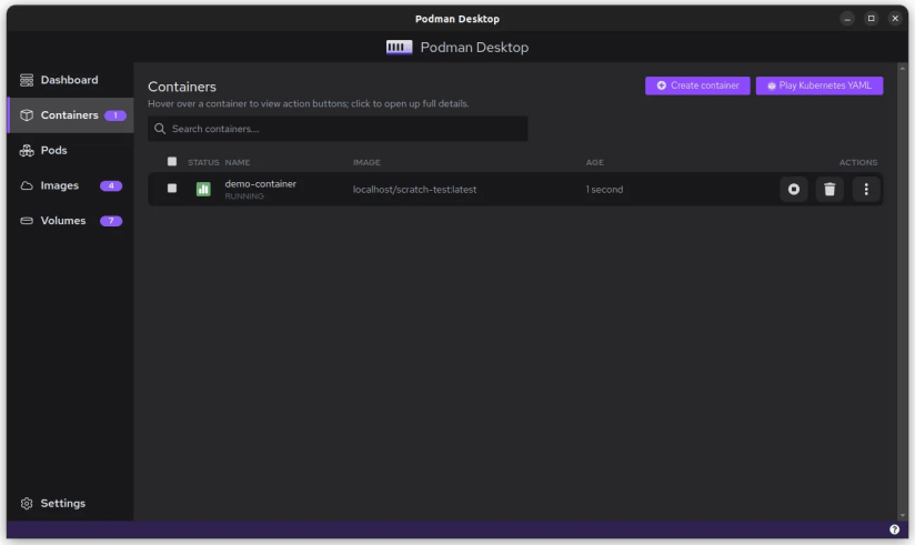 Screenshot of containers in Podman Desktop