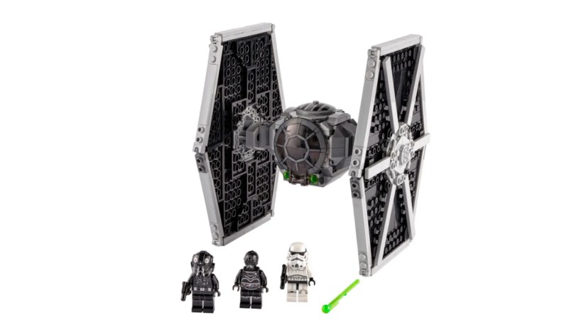 A LEGO model of Imperial TIE Fighter sits against a white background.