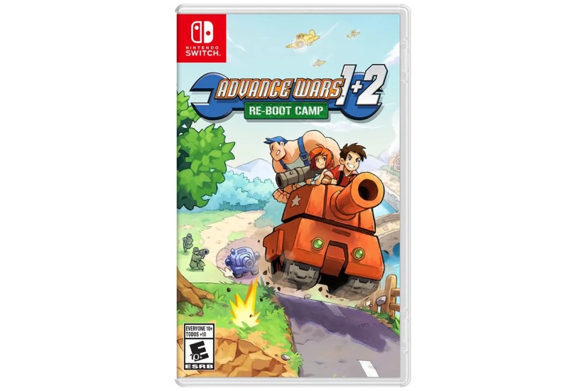 The box art for the game shows an orange tank with three characters on top and planes flying overhead