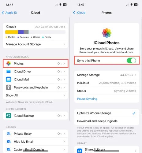 iPhone iCloud Photos toggle On