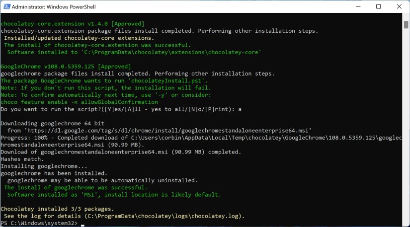 PowerShell screenshot of Chocolatey running
