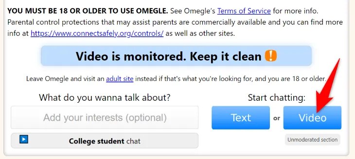 Select &ldquo;Video&rdquo; on Omegle.