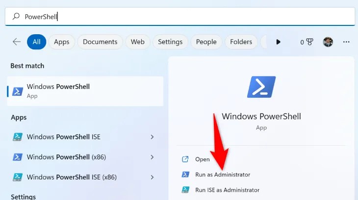 Select &ldquo;Run as Administrator&rdquo; on the right.