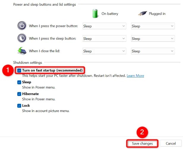 Enable &ldquo;Fast Startup (Recommended).&quot;