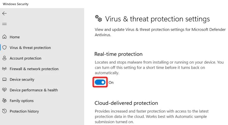 Turn off &ldquo;Real-Time Protection.&quot;