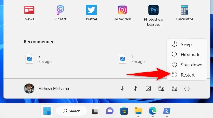 Select &ldquo;Restart&rdquo; in the menu.