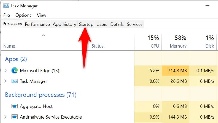 Open the &ldquo;Startup&rdquo; tab.