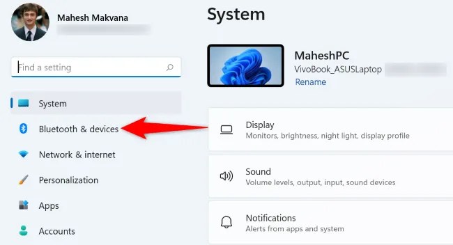 Click &ldquo;Bluetooth &amp; Devices&rdquo; on the left.