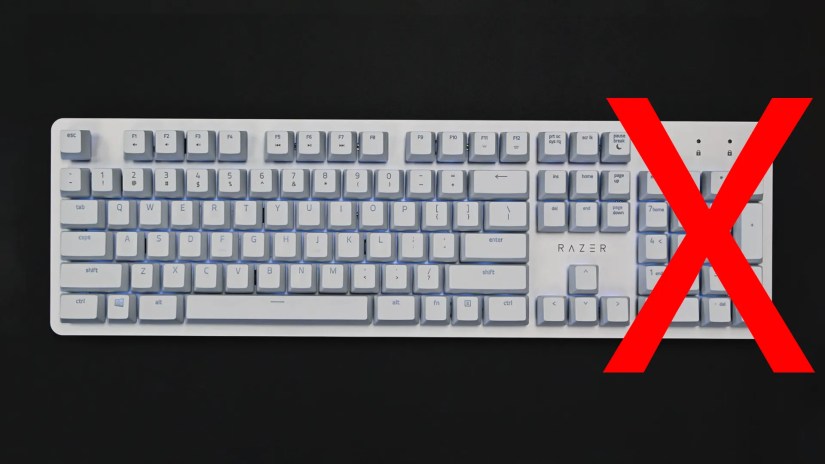 Top-down view of a Razer keyboard with the numpad slashed out.