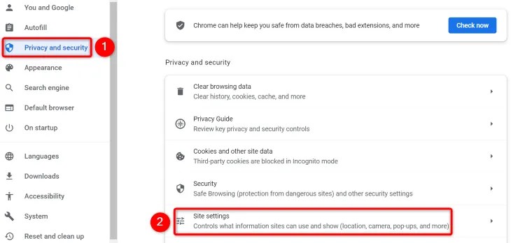 Choose Privacy and Security &gt;