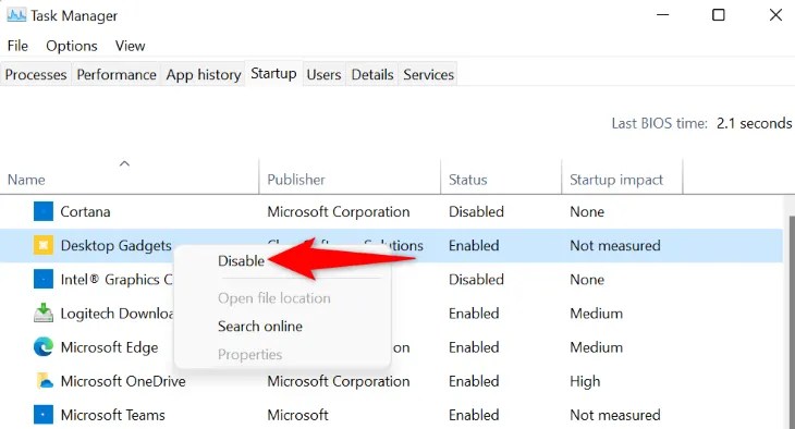 Select &ldquo;Disable&rdquo; in the menu.