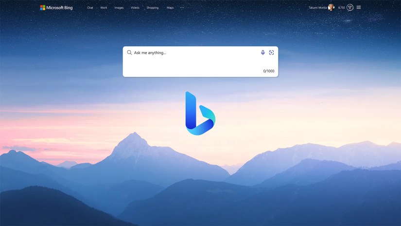 The updated Bing homepage with &quot;Ask Me Anything&quot; in the searchbar.