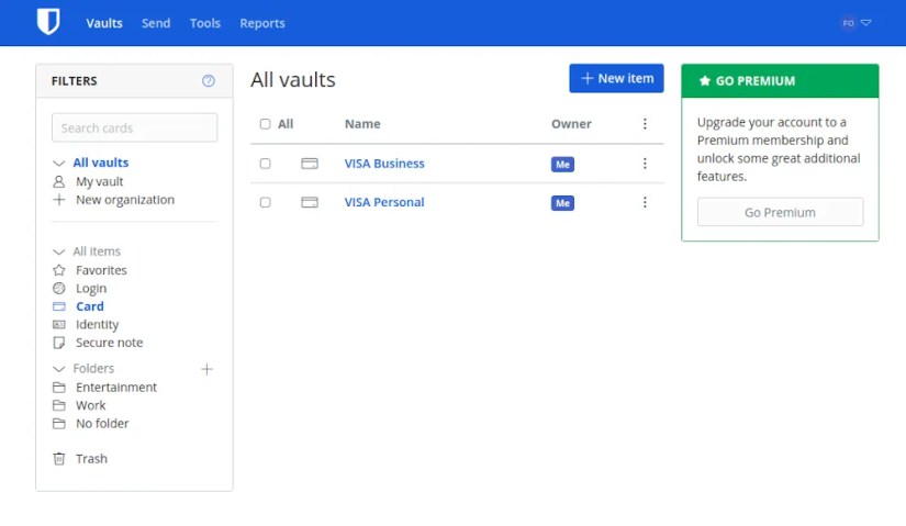 Credit cards in Bitwarden