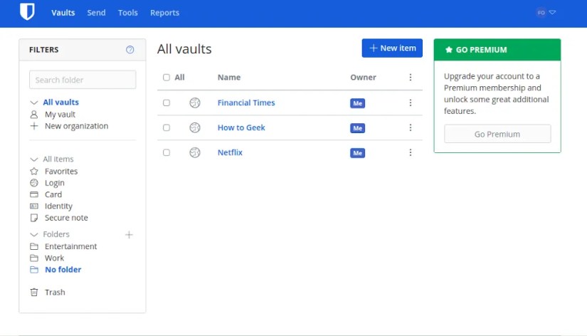 Bitwarden&rsquo;s main screen