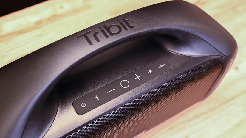 Top view of the TriBit StormBox Blast Speaker showcasing the handle and buttons